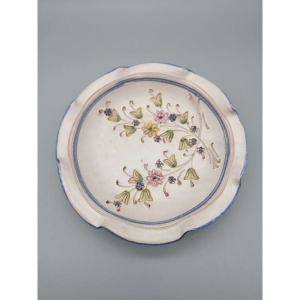 Vintage Hand Carved & Painted Floral Pottery Bowl Austria Wave Edge Unique